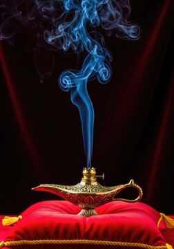 A golden antique oil lamp sits atop a plush red velvet cushion, releasing swirling wisps of mystical blue smoke into the dark air, magic, vintage, light