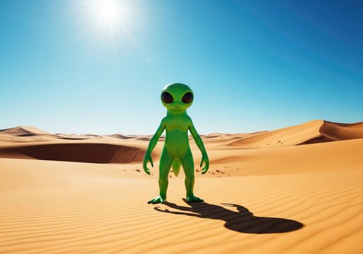 A green extraterrestrial creature with large eyes stands alone in a vast arid desert under a bright sun, surrounded by shifting sand dunes, fantasy, mysterious, adventure
