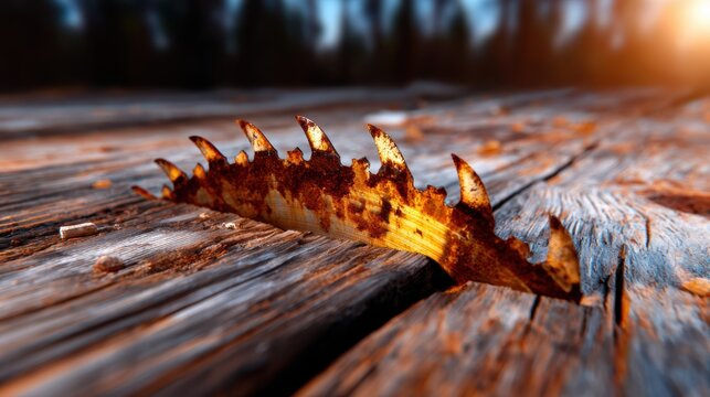 This image showcases a rusty saw blade protruding from an ancient, weathered wooden surface, symbolizing decay and the passage of time in a starkly captivating manner.