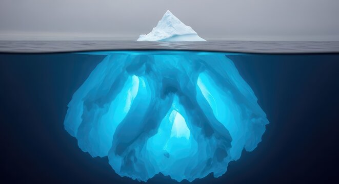 A large iceberg floats in calm dark water, revealing a tiny white peak above the waves while a massive frozen body lurks deep below, cold, ice, nature