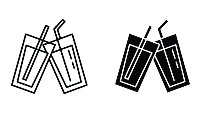 Two refreshing glasses with straws for clinking toast vector icon set design