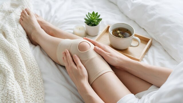 Injured person resting in a bright white bed wearing an elastic compression knee brace while relaxing with a warm cup of herbal tea and succulent