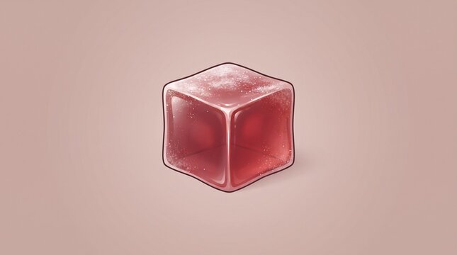 Single glossy red gelatinous cube isolated on soft background