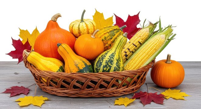 A rustic wicker basket filled with vibrant pumpkins, colorful gourds, fresh corn, and autumn leaves rests on a weathered wooden table surface, rustic, ingredients, squash