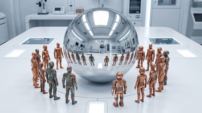 Metallic figures surrounding a large reflective chrome sphere in a futuristic laboratory