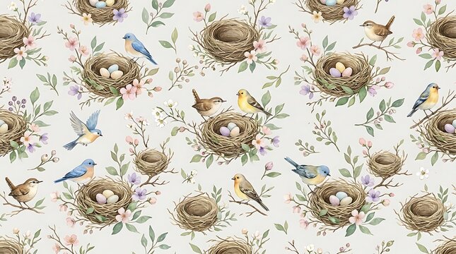 seamless watercolor pattern featuring small generic bird nests made from twigs and grasses