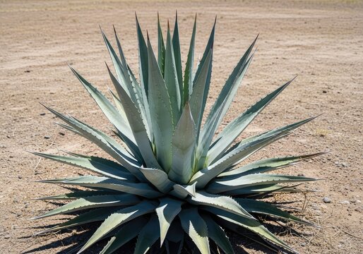 A symmetrical blue agave plant displays sharp pointed succulent leaves with a dusty silver-green hue under bright sun in a dry arid field, dry, agriculture, tequilana