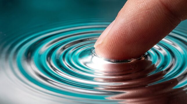 Human finger touching calm water surface creating concentric ripples