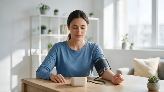 Focused woman wearing blue long sleeved shirt sits at wooden table using digital medical device to monitor arterial blood pressure levels in bright living room