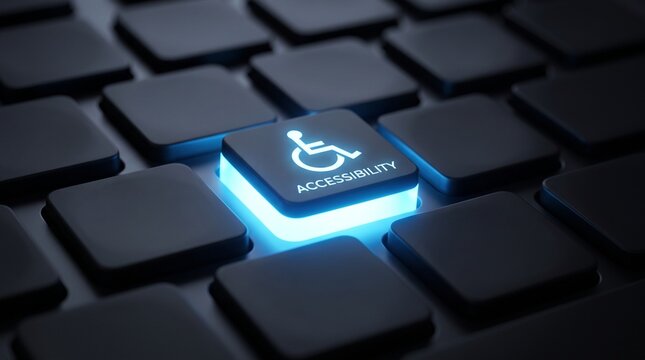 A glowing blue accessibility key on a dark computer keyboard, highlighting digital inclusion and universal design.