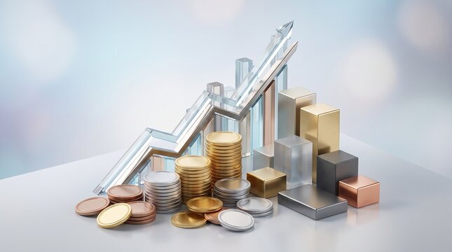 Metallic coins and financial blocks forming a rising growth chart for business success