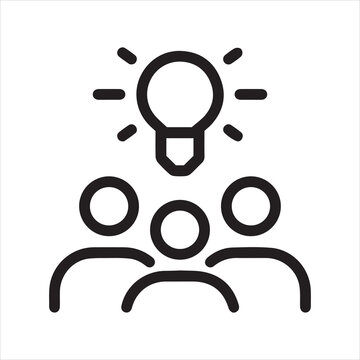 Collective insight, creative community, group knowledge outline icon. Line sign group of three people with light bulb above their heads. Vector isolated pictograms on white background editable stroke.