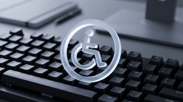 A silver accessibility symbol floating above a black computer keyboard on a desk, representing digital inclusion and assistive technology.
