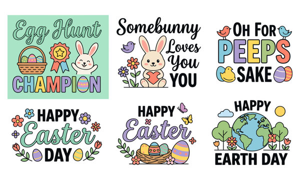 Collection of colorful easter and earth day themed graphic designs and typography