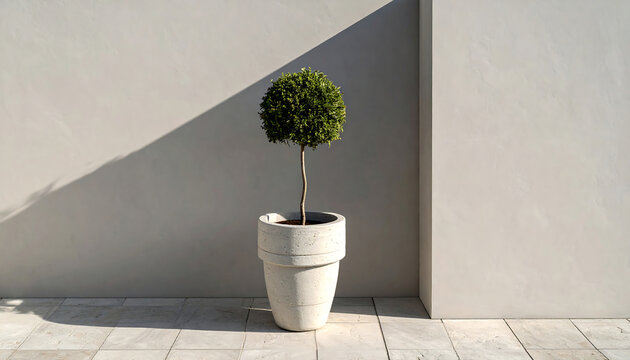 A small spherical topiary tree in a large concrete planter pot, standing against a plain beige wall with a sharp diagonal shadow cast by sunlight