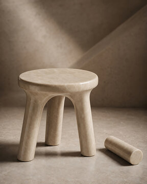 A small, round, light-colored stone stool with three thick legs stands on a matching floor next to a cylindrical stone in a room
