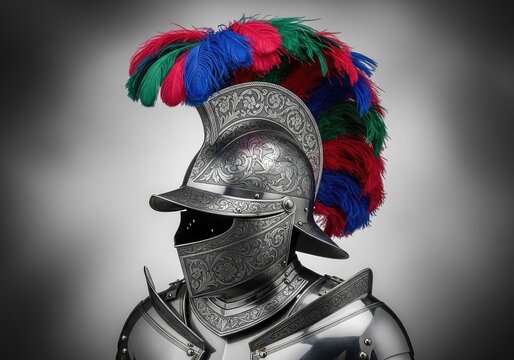 Detailed close-up of a decorative steel morion helmet with vibrant ostrich feathers, featuring a polished metal breastplate and gorget, antique, reflection, reenactment