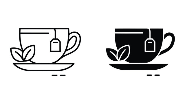 Tea cup with tea bag and leaves icon in outline and solid vector graphic styles