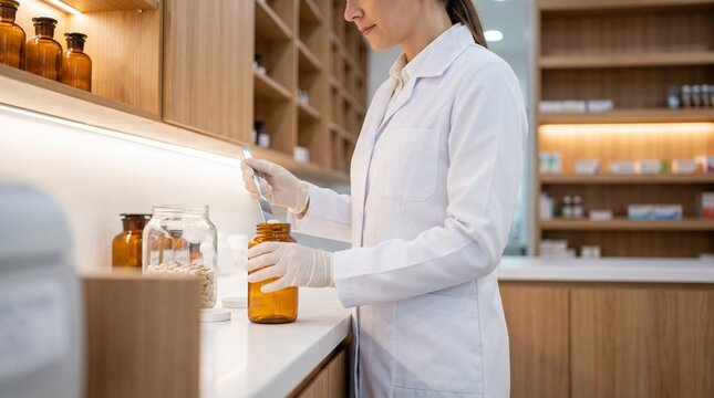 Female pharmacist preparing medicine with amber bottles in modern laboratory
