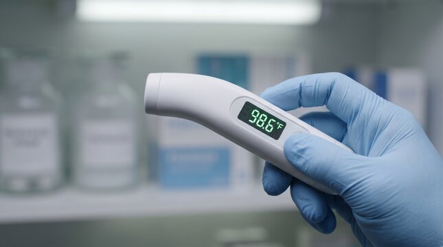 Hand in blue medical glove holding digital infrared thermometer showing 98.6 degrees in laboratory