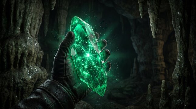 Gloved hand holding glowing green emerald crystal in dark underground cave