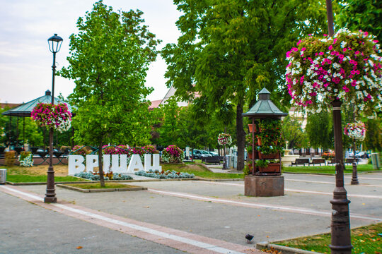 Saint Theodore of Vrsac Square with flowers, trees and 3d cyrillic letters "Vrsac", Vojvodina, Serbia