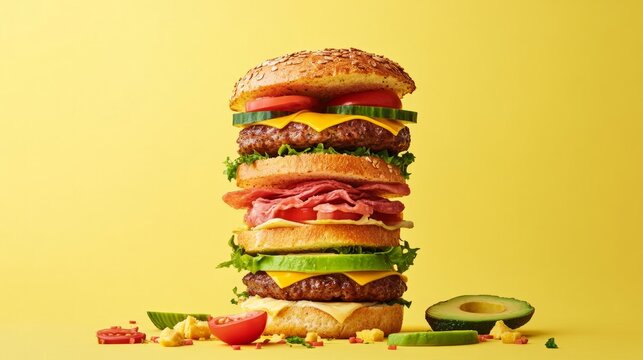 Stacked gourmet burger with layers of beef, cheese, lettuce, tomatoes, and avocado on a vibrant yellow background, showcasing delicious ingredients and appealing presentation