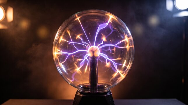 Plasma ball with purple electrical discharges in dark atmospheric laboratory