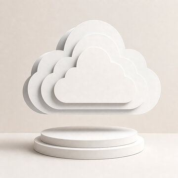 A3d rendered white cloud shape floating above a circular podium against a soft beige background, for product, display and presentation