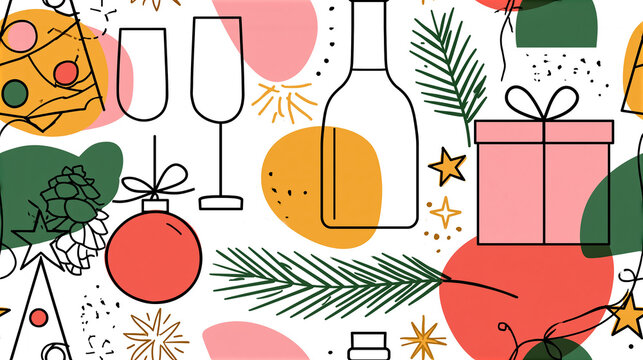 Beautiful seamless pattern design line art of a Christmas tree with balls, a bottle of champagne, a glass and a gift box