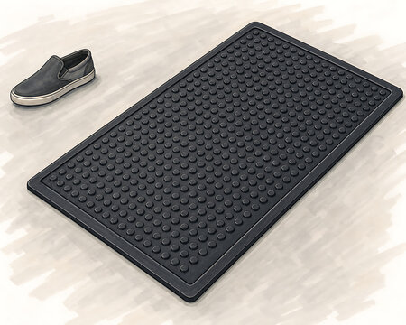 Black rubber floor mat with a circular studded pattern, positioned on a light-colored floor next to a single gray slip-on shoe in a room