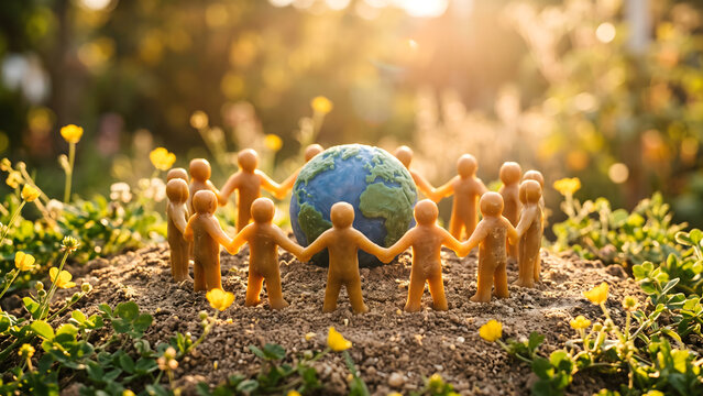 Human figurines holding hands in circle around globe for environmental unity