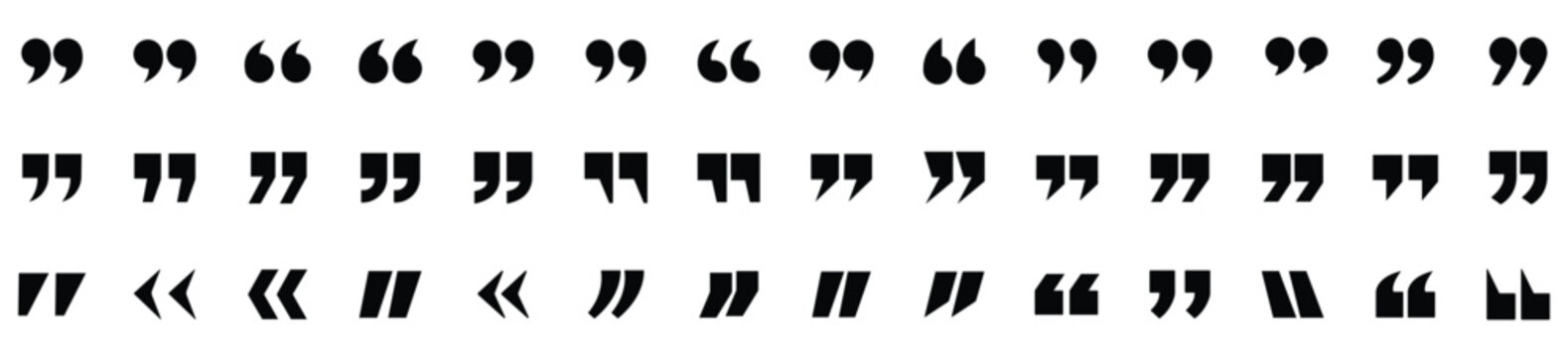 Quotation marks icon set, double quote symbol vector illustration, black quote icons in line and flat style, discussion and dialog remark signs, open and close quote symbols, vector graphic on transpa