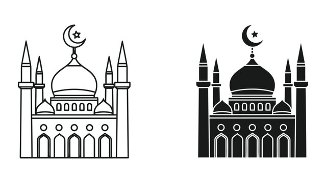 Islamic mosque building silhouette in outline and solid vector graphic isolated