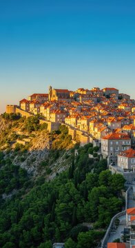 Majestic medieval town with stone masonry and orange roofs perched on a steep green hill under a clear sky during the soft golden hour, valley, scenery, hill