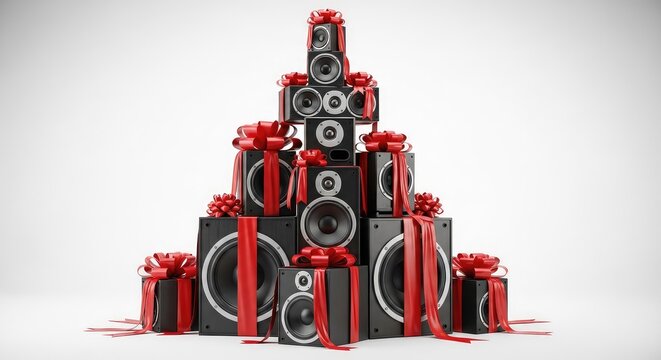 Premium hi-fi audio speakers stacked like holiday presents with red ribbons and festive bows for a music-themed Christmas gift surprise, technology, holiday, audio
