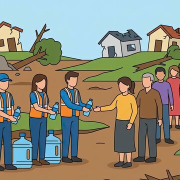 Volunteers providing water to disaster victims