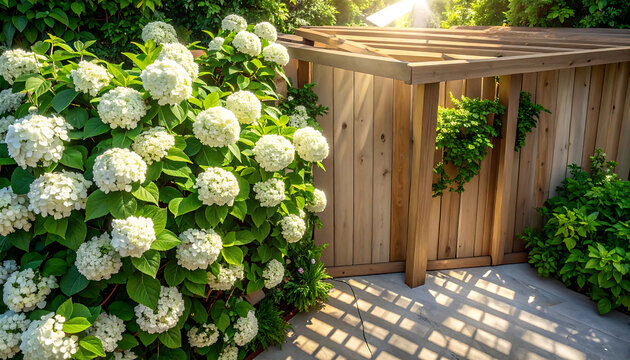 Lush white hydrangea bush in full bloom next to a wooden pergola structure in a garden with sunlight casting shadows on the paved ground