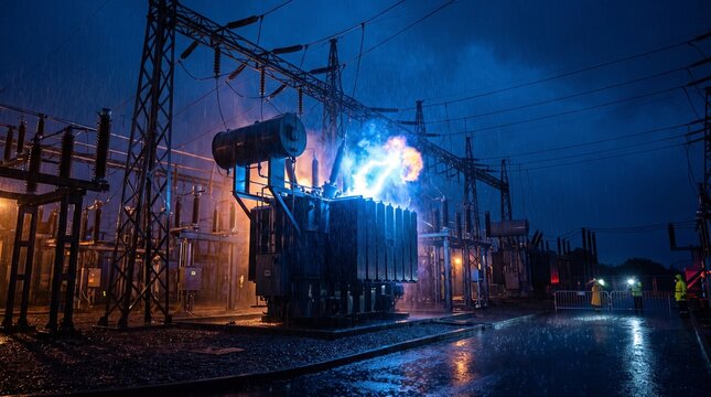 Electrical transformer explosion at power substation with bright blue electric arc and sparks at night