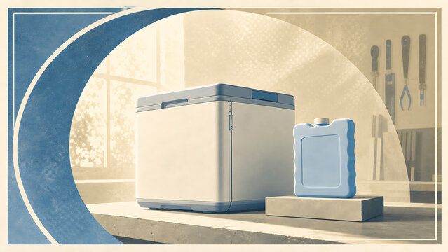 Portable cooler box with a blue ice pack on a table in a workshop setting with tools hanging on the wall in the background