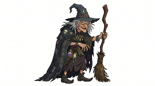 Scary old hag witch holding a broomstick cartoon character illustration
