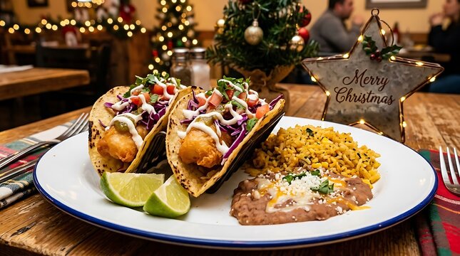 Mexican fish tacos with rice and beans served on a plate during christmas time