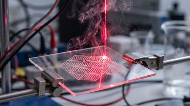 Precision red laser engraving on transparent plate in laboratory