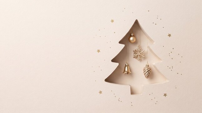 Minimalist christmas backround featuring a single elegant golden pine tree silhouette on a soft beige textured surface