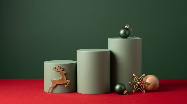 Minimalist product display podiums on a festive green and red christmas backround for holiday season marketing campaigns