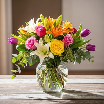 A beautiful glass vase filled with fresh colorful spring flowers including roses and lilies sits on a rustic wooden table in bright light, elegant, sunlit, decor