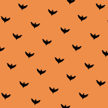 Halloween Seamless Pattern with Black Bats on Orange Background