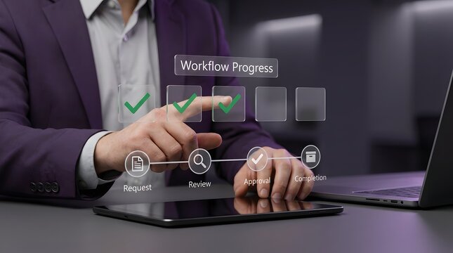 Digital workflow progress interface with request review approval and completion stages