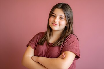 Obraz premium Plus-size Latina girl with long hair in a t-shirt smiling brightly against pink background, radiating joy, confidence, and youthful energy.