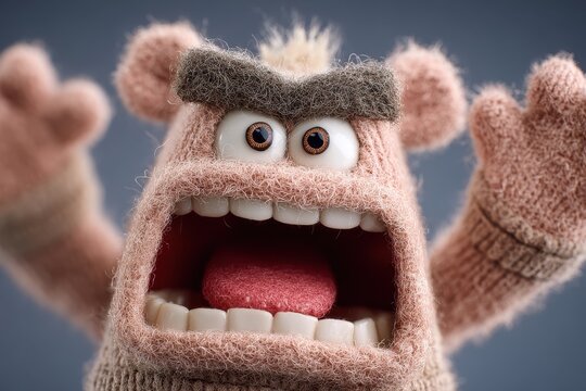 A funny puppet screams with fury, showcasing its wide eyes, perfect teeth, and furry texture to humorous and whimsical effect